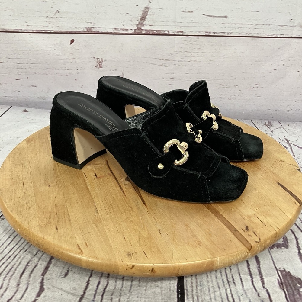 Laura Bellariva Black Suede‎ Mule Heels Womens 8 EU 39 Horsebit Slide Italy